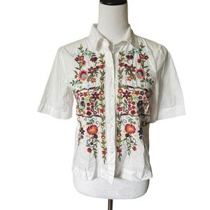 ZARA White Floral Embroidered Button Up Blouse Womens XS
